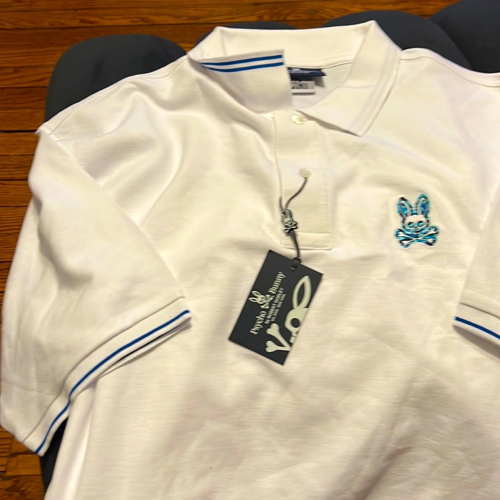 Men Psycho Bunny Polo in size 9 white/gray/blue